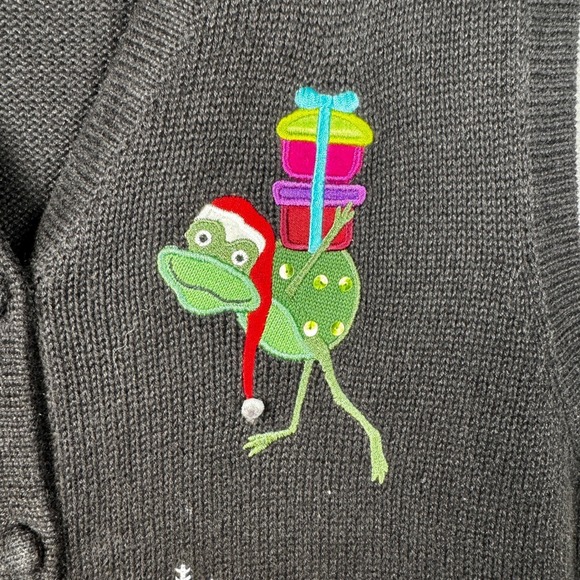Christmas Sweater Cardigan Vest Black Green‎ Frog Novelty Snowflakes Women's 1X - Picture 9 of 15